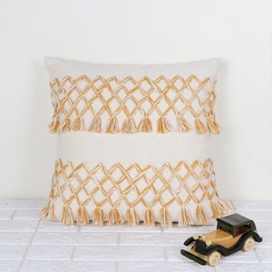 Hand Tufted Geometric Square Ivory and Yellow Tassel Cushion <b>Throw</b> Pillow <b>Cover</b> Lace Trim <b>Sofa</b> Hotel Home Decor - Product Image 1