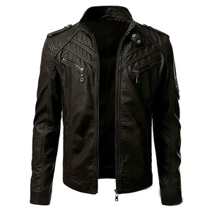 Men's <b>Brown</b> Genuine <b>Leather</b> Moto <b>Jacket</b> Turn-Down Collar Zipper Closure Solid Color Autumn Wear Regular Fit - Product Image 2
