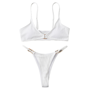 Conjunto de bikini con detalle de volantes para mujer, traje de baño de dos piezas, top push-up, parte inferior con lazo ajustable, ropa de playa de verano - Product Image 1