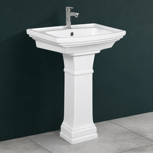 Lavabo sur pied rectangulaire en surface solide SOFIA-X, lavabo pour salle de bain, lavabo à un seul trou, design traditionnel, finition polie - Product Image 2