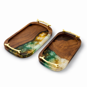 Plateau de service de luxe en bois de noyer et résine époxy bleue avec poignées en forme de branche dorée, plat décoratif pour la maison, l'hôtel, la cuisine, ensemble d'art, vente en gros - Product Image 1