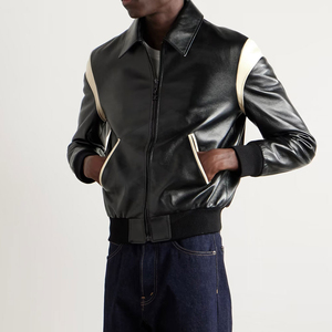<b>Men's</b> Genuine Leather High Street Zipper Closure Turn-Down Collar Breathable Solid Color Biker Style Autumn Wear <b>Men's</b> <b>Jackets</b> - Product Image 1