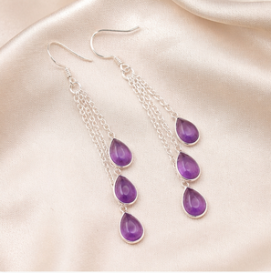 Natural Amethyst Pear Drop Chain <b>Earrings</b> 925 <b>Sterling</b> <b>Silver</b>, Purple Gemstone Multi Chain <b>Dangle</b> <b>Earrings</b> Handmade Jewelry for - Product Image 2