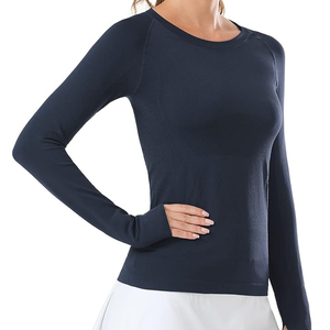 <b>Women's</b> <b>Navy</b> Blue Long Sleeve Crew Neck Yoga <b>Top</b> Breathable Solid Color Activewear Shirt Regular Fit Full Sleeve - Product Image 1