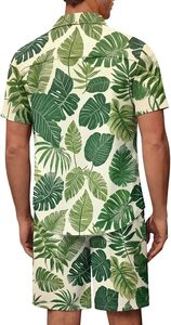 Ensemble de vêtements décontractés pour couples, sur mesure, fabriqués en usine OEM, pour les vacances d'été, imprimé feuilles de palmier vertes, chemise hawaïenne à boutons pour homme, ensemble pour femme - Product Image 5