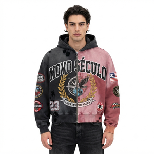 Sudadera con capucha personalizada con cremallera para hombre, estilo oversize, estampada, diseño de parches en negro y rosa, transpirable, de algodón French Terry, suministro OEM - Product Image 1