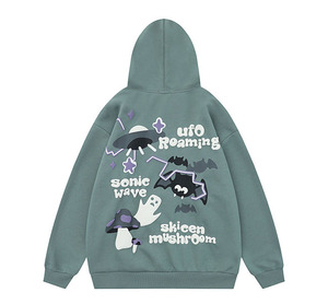 Sudadera con Capucha Verde Unisex, Estampado de Dibujos Animados, Bolsillo Frontal, Estilo Casual para Otoño, 100% Algodón Tejido, Transpirable - Product Image 2