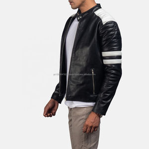 Chaqueta de Motociclista de Cuero para Hombre con Franjas Blancas, Personalizada, de Cuero Vacuno, con Cuello Alto, Transpirable e Impermeable - Product Image 3