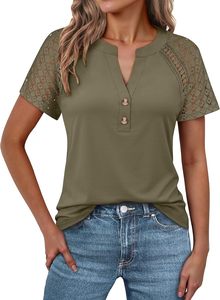 Haut de base léger pour femme, idéal pour l'été, couleur unie, style décontracté, manches courtes, accents en dentelle et polyester doux - Product Image 3