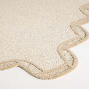 Oatmeal Scalloped Border Area Rug Modern Minimalist Living Room Rug Handmade Style Bedroom Tufted Wool Carpet Farmhouse Decor - Product Image 3
