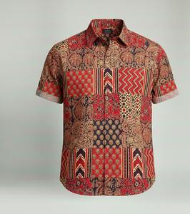Chemise décontractée pour homme en coton 100% à manches courtes, col rabattu, imprimé patchwork batik rayé, respirante et écologique, vente en gros - Product Image 4