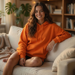 Sudadera con Capucha de Algodón Grueso Color Naranja, Forro Polar, con Logotipo Personalizado, Ropa Urbana de Invierno - Product Image 3