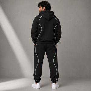 Men's Black Hooded Tracksuit Set with White Contrast Piping Pullover Hoodie and Jogger Pants for Casual Sportswear - Product Image 4