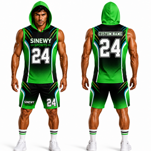 Ensemble de football américain 7v7 personnalisé pour hommes, uniforme de sublimation intégrale noir et vert avec nom du joueur et motif sur le devant, ensemble en spandex à capuche - Product Image 1
