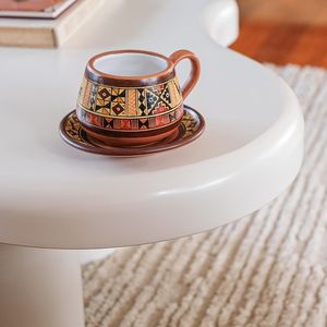 Handmade Terracotta <b>Tea</b> Cup and Saucer <b>Set</b> Vintage Embossed Ceramic Drinkware for Home Office <b>Party</b> - Product Image 5