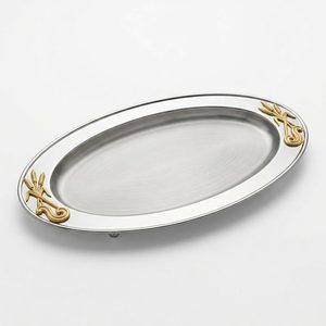 Piatto da portata artigianale in acciaio satinato con manico in canna, 60 cm, bordo oro, design Marisco, per barbecue, decorazioni per la casa, hotel, matrimoni - Product Image 3
