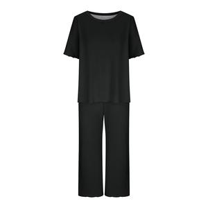 Conjunto de Pijamas de Punto para Mujer, Manga Corta, Cuello Redondo, Color Sólido, Largo hasta la Rodilla, Cintura Elástica, Ropa de Dormir Informal, Ecológica y Transpirable - Product Image 3