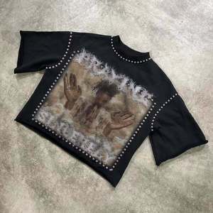 T-shirt graphique surdimensionné personnalisé pour hommes et femmes, vintage, délavé, 100% coton, streetwear, strass, perles, effet vieilli, 300g, tendance - Product Image 1