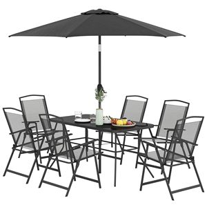 Set da Pranzo da Esterno Nero 8 Pezzi con Tavolo Rettangolare, 6 Sedie Pieghevoli e Ombrellone, Seduta in Rete per Arredamento Patio o Giardino - Product Image 1