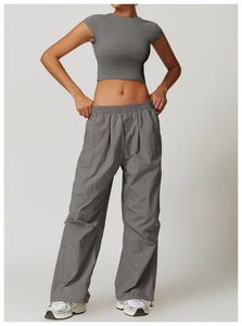 Women Yoga Set Crew Neck Racerback Crop Top High Waist <b>Pants</b> Solid Color <b>Spandex</b> Polyester 2 Piece Set Breathable Pockets - Product Image 5