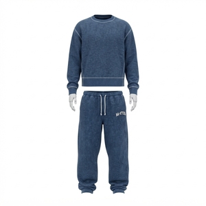 Men Blue Washed Crewneck Sweatshirt <b>Jogger</b> Pants <b>Set</b> Casual Streetwear <b>Matching</b> Clothes Custom Logo - Product Image 3