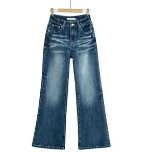 Meilleur prix de gros – Pantalon cargo en jean bleu évasé et ample pour femme, respirant, écologique, délavé au sable, poids moyen, taille haute - Product Image 1