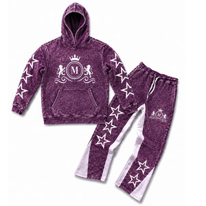 Purple Acid Wash Hooded Tracksuit Set With White Stars And 350 gsm Full Length Drawstring Pants 100% Cotton Streetwear - Product Image 1