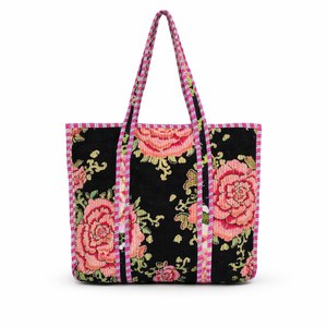 Le Souvenirs Sac de voyage et de shopping léger réversible en velours noir à motifs floraux, toutes saisons, style bohème vintage, 18 pouces, avec intérieur en toile - Product Image 1