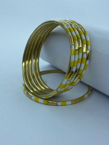 Handmade Brass Bangle Set of 6 yellow and White Polka Dot & Striped <b>Resin</b> Inlay Bracelets Stackable Geometric Statement Jewelry - Product Image 2