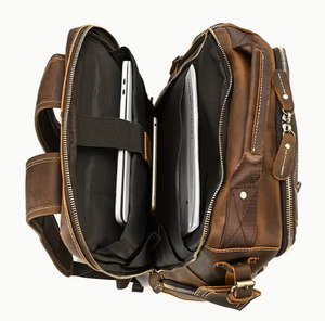 Brown Genuine <b>Leather</b> Backpack Men Casual Daily Use Adjustable Strap Zipper Closure Large Capacity 30-40L Interior Compartment - Product Image 2
