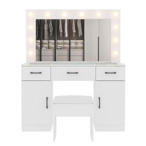 Large Lighted <b>Mirror</b> <b>Makeup</b> Vanity Desk Set with 3 Drawers 2 Cabinets Wood Top Vanity Table for Dressing Power Outlet Included - Product Image 6