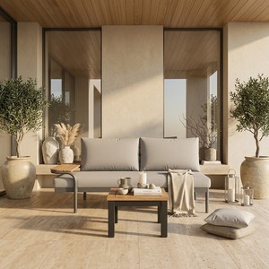 Conjunto de Sofá Gris Minimalista Moderno para Exteriores, Tres Plazas, Cojín de Tela, Muebles de Jardín Duraderos para Patio o Villa - Product Image 1