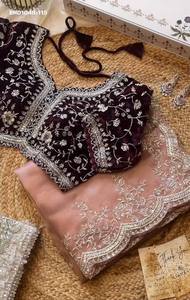 Sari en organza de soie avec broderie de fils et sequins - Ensemble chemisier en velours 9000 - Fabricant de mode féminine de Surat - Product Image 2