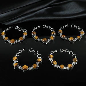Wholesale Handmade 925 Sterling Silver Plated Natural Tiger Eye Gemstone Multi-<b>Stone</b> Bezel Link <b>Bracelet</b> Opaque <b>Stone</b> Jewelry - Product Image 3