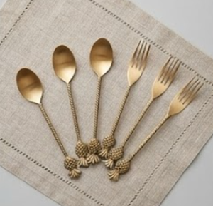 <b>Gold</b> Plated Pineapple Handle Serving Spoon and Fork Set Vintage Design <b>Long</b> Handle <b>Mirror</b> Polish Party Cutlery - Product Image 4