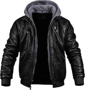 Veste bomber en cuir noir pour homme, vêtements d'extérieur chauds pour l'hiver, avec capuche en tissu amovible, poignets en tricot côtelé, plusieurs poches, OEM - Product Image 1