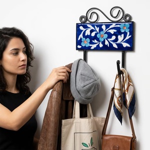 Rustic Ceramic Wall Coat <b>Hook</b> Blue Floral Tile Design 2 <b>Hooks</b> Eco-Friendly Adjustable Self-adhesive for Clothing Storage - Product Image 2