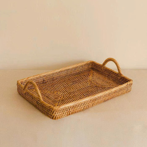 Wholesale High Quality Handcrafted Natural Rattan Rectangular Tray Set Woven Serving Tray with Handles Suitable For Coffee Table - Product Image 5