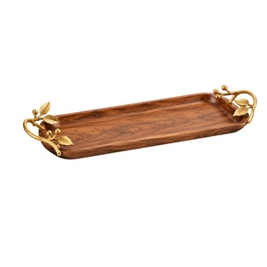 Bandeja Rectangular Exclusiva de Madera para Servir, con Asas Metálicas de Hoja de Ginkgo Dorada, Plato Decorativo Hecho a Mano para Bodas, Hogar y Hotel - Product Image 2