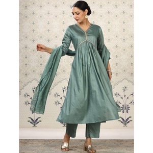 DISEÑADOR ALGODÓN SECUENCIA BORDADO TRABAJO ALIA CUT TOP PANT CON DUPATTA SEA GREEN - Product Image 1