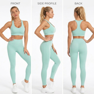 Ensemble 2 pièces de vêtements de yoga pour femme en polyester, comprenant un soutien-gorge de sport dos nageur et un legging de compression taille haute longueur intégrale, couleur unie avec logo frontal - Product Image 5