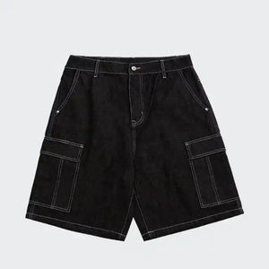 Shorts cargo en jean pour homme, sur mesure, OEM, noir, avec surpiqûres contrastées, multi-poches, style streetwear décontracté - Product Image 1
