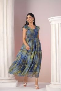 Robe midi en mousseline imprimée bleu-vert, col carré, volants, coupe trapèze, style bohème, ample, décontractée, pour femme, avec magnifique imprimé - Product Image 1