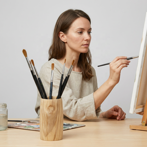 Porte-brosse en bois écologique avec impression personnalisée et finition naturelle pour le rangement des fournitures artistiques par la collection artisanale - Product Image 1