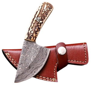 Custom Handmade Damascus Steel Blade Hunting Knife Skinning Knife Perfect For Outdoor With Stag Handle & Leather Sheath - Product Image 1