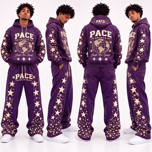 mens retro <b>emerald</b> <b>green</b> tracksuit allover star pattern puff print hooded pullover wide leg flare sweat pants heavy fleece set - Product Image 3