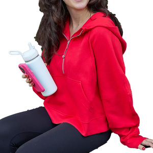 เสื้อสเวตเตอร์มีฮู้ดสีแดงสำหรับผู้หญิง แขนยาว สีพื้น ผ้าฟลีซ ซิปครึ่งหน้า ระบายอากาศได้ดี เหมาะสำหรับใส่ลำลองในฤดูใบไม้ร่วง - Product Image 3