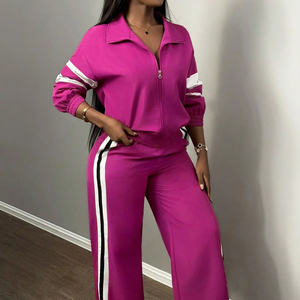 ชุดวอร์มผู้หญิง ผ้าฝ้ายผสมโพลีเอสเตอร์ แจ็คเก็ตซิป กางเกงจ็อกเกอร์ ระบายอากาศได้ดี ยืดหยุ่น เหมาะสำหรับออกกำลังกาย ชุดกีฬา - Product Image 1