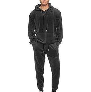 Survêtement en velours gris foncé pour homme, à capuche, longueur intégrale, décontracté, avec poches latérales, fermeture à cordon, coupe classique, tenue d'hiver - Product Image 1