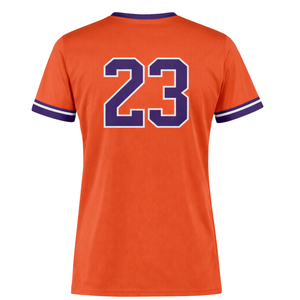 Camiseta de Softbol Sublimada con Cuello en V, Naranja y Morado, Uniforme Personalizado para Equipo con Número y Diseño Impreso en la Espalda - Product Image 3